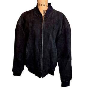 Vintage 80s William Barry Black Suede Leather Bomber Jacket Coat Full Zip XL
